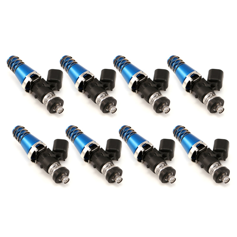 Set of 8 Injector Dynamics ID1050X fuel injectors, blue 11mm adaptor tops, black bodies, angled view
