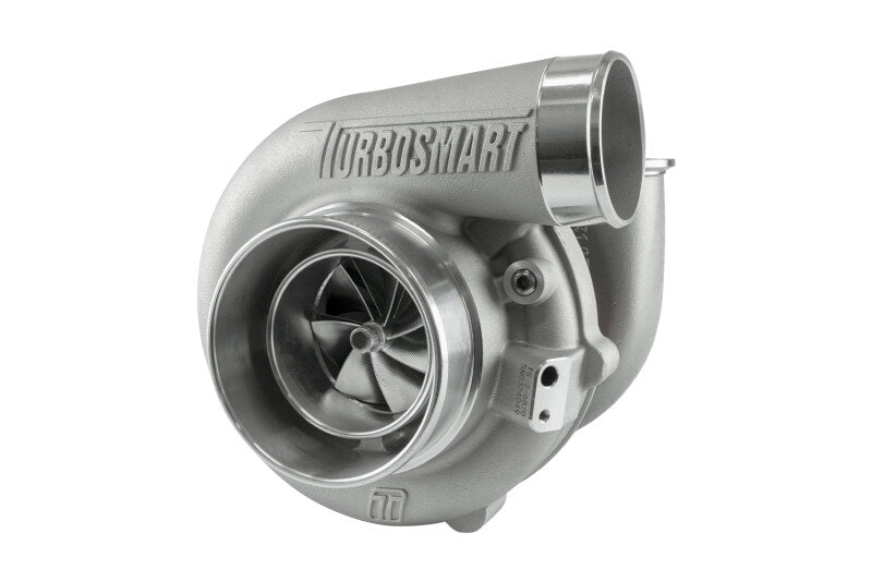 Turbosmart 6870 Kompact turbocharger, front angle view showing compressor wheel, V-band inlet and housing