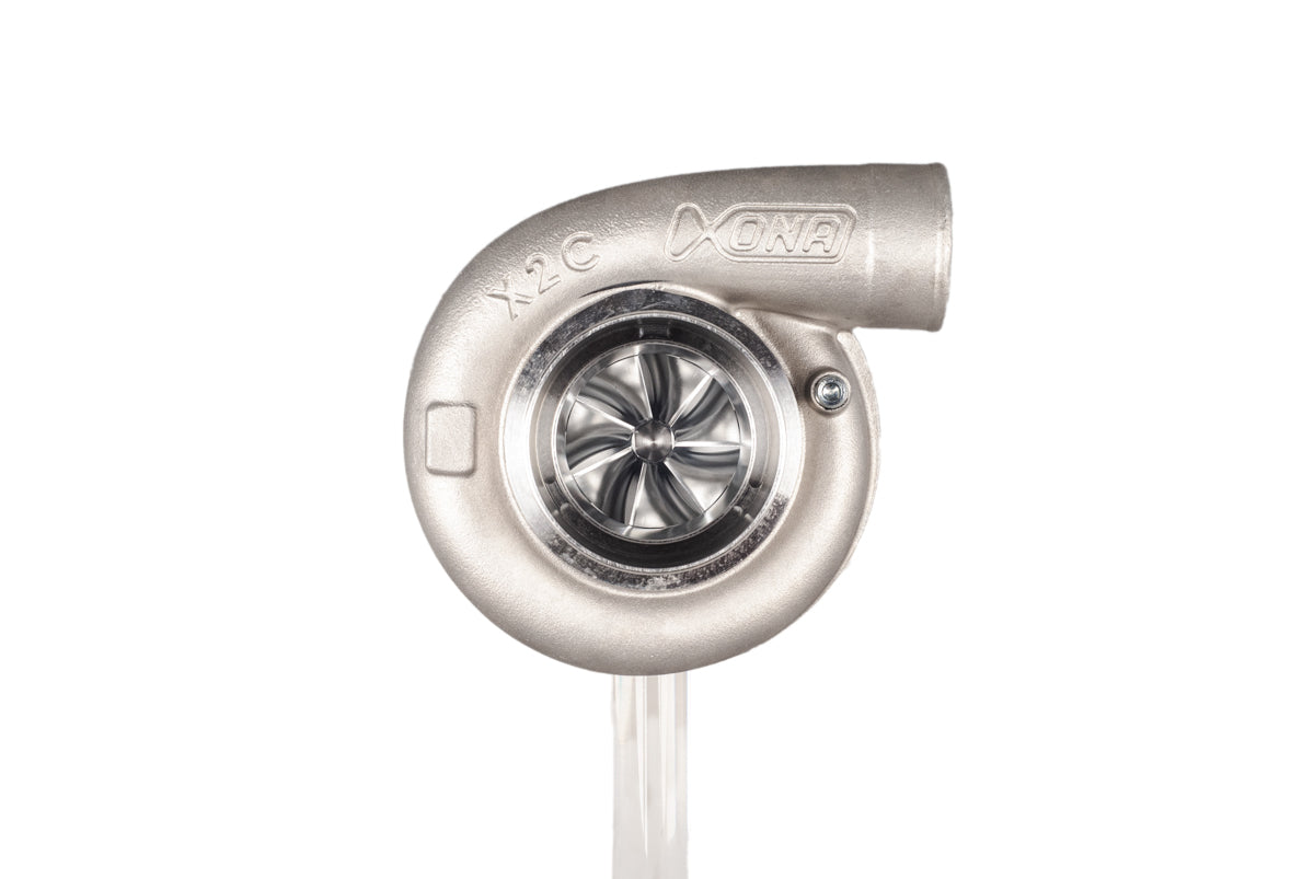 Xona XR 5757S X2C turbo, front angle showing compressor wheel, housing and outlet flange