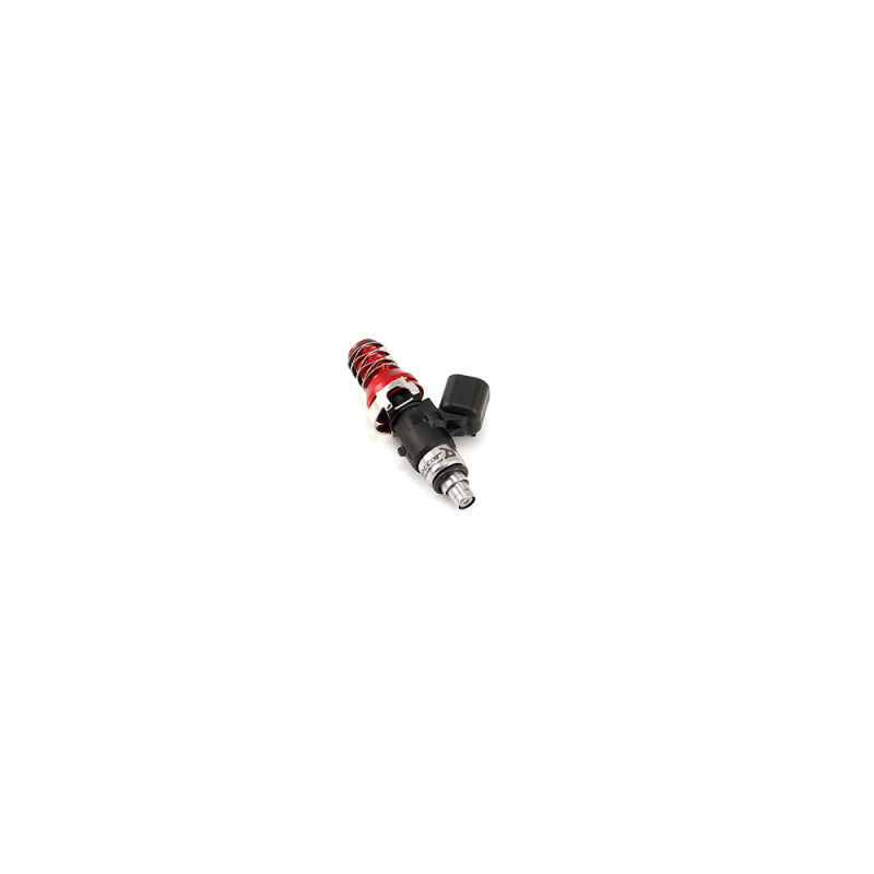 Injector Dynamics ID1300X fuel injector, angled view showing red top adapter, black electrical connector, lower o-ring nozzle