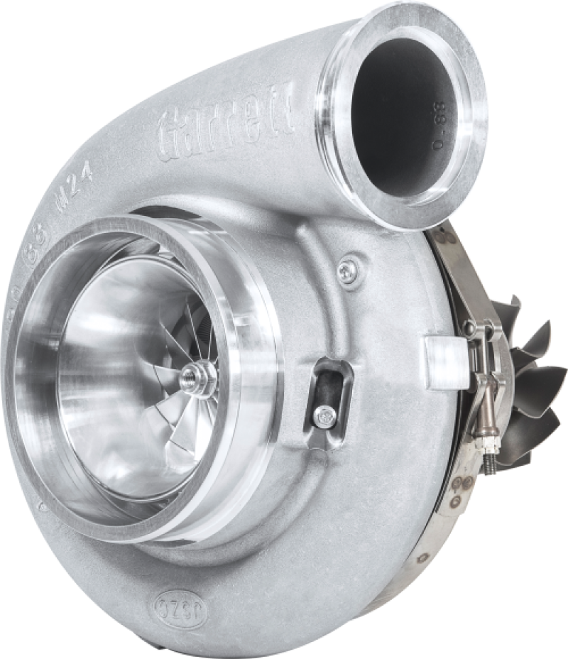 Garrett GTX4709 Gen II super core turbo, side angle showing compressor wheel, housing, and turbine blades