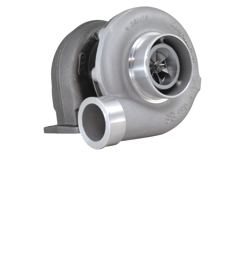 BorgWarner SuperCore SX-E S300SX-E 8780 turbo, angled view showing compressor wheel, inlet, and cast housing