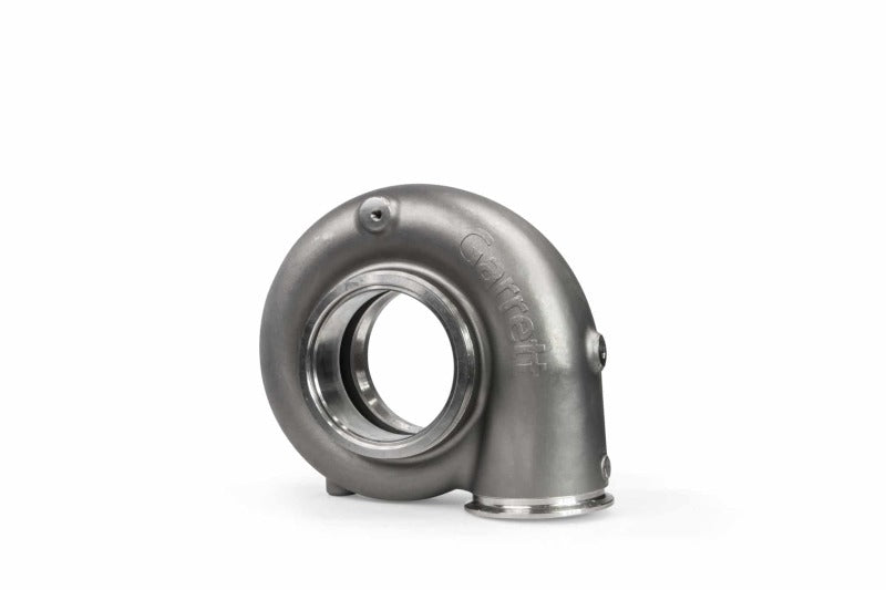 Garrett G55 turbine housing, 1.40 A/R, V-band in/out, front angled view showing bare cast metal finish and mounting bolt holes