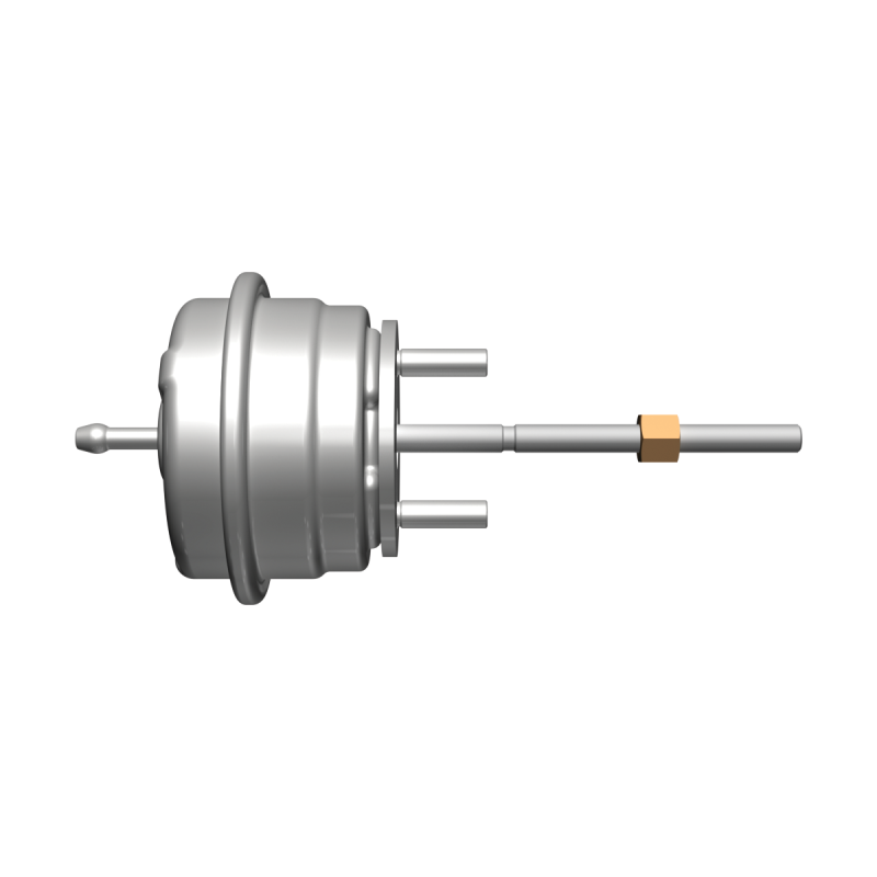 BorgWarner EFR high boost actuator, side view showing rod, clevis pin, and diaphragm housing