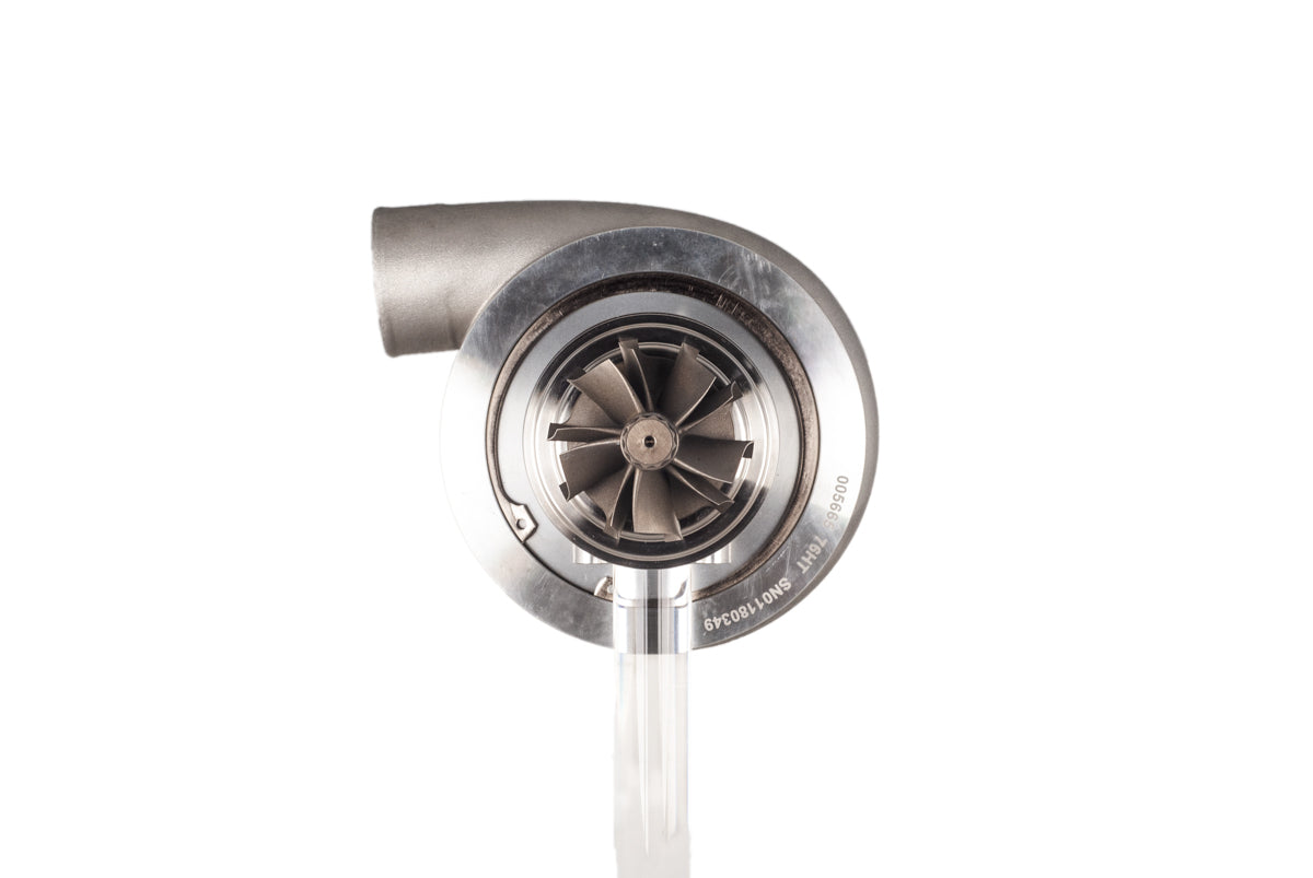 Xona XR 6157S X2C turbocharger, front view of compressor wheel housing with curved inlet pipe