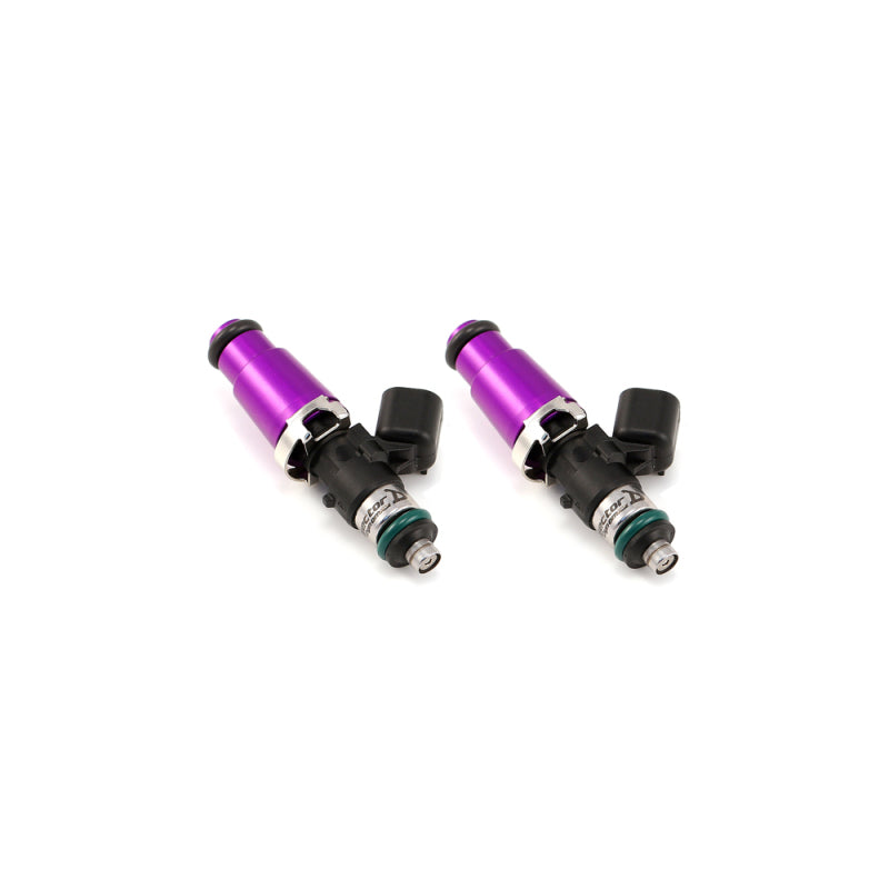 Injector Dynamics ID1300 fuel injector pair for Mazda RX-7 93-95, purple bodies, side angle view
