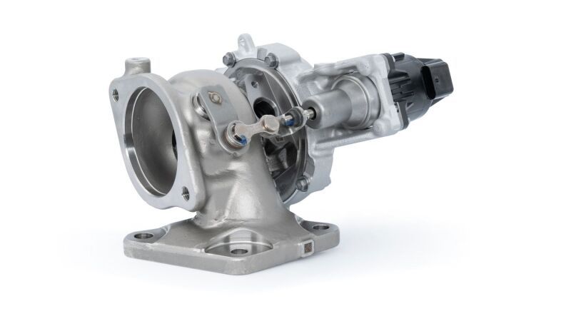Garrett GT1752S PowerMax turbocharger for Ford Bronco/Ranger Raptor 3.0L, side angle showing actuator and inlet flange