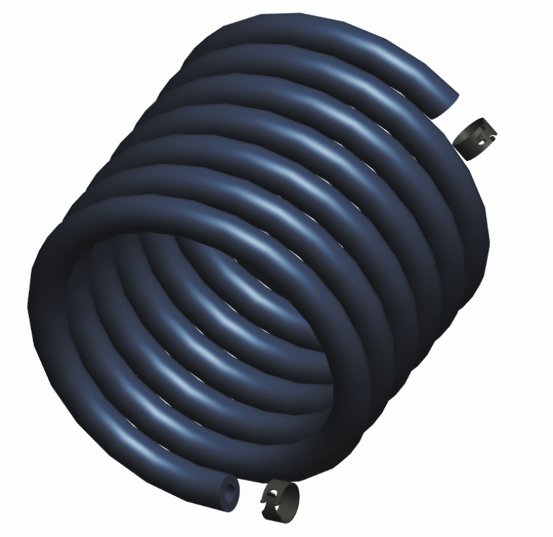 BorgWarner EFR wastegate hose kit, coiled black rubber hose with two mounting clamps, front angled view