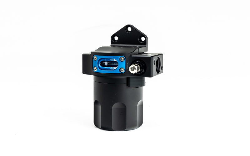 Injector Dynamics ID-F750 fuel filter, angled view showing black canister, blue center band and side fittings