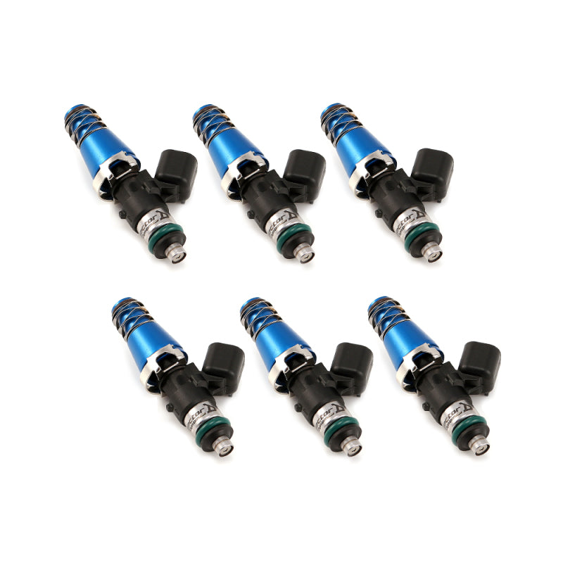 Injector Dynamics 1340cc fuel injectors, set of 6, blue tops with black connectors, front angle view