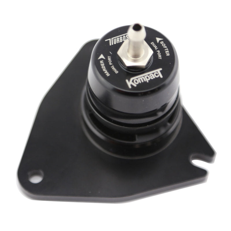 Turbosmart Kompact Dual Port BOV mounted on black bracket, top angle showing vent outlet and adjuster labels