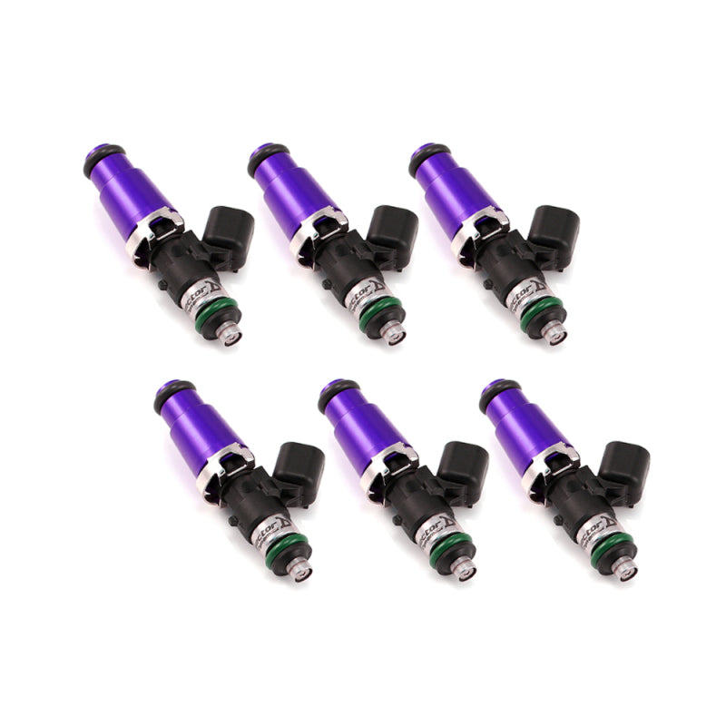 Injector Dynamics ID1050X fuel injectors, purple, set of six with 14mm adaptors and black connectors, angled view