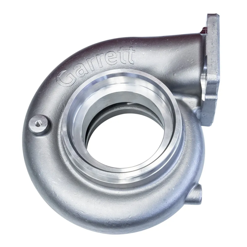 Garrett G47 turbine housing, 1.39 A/R, T6 V-band in/out, cast metal scroll with flange, angled view