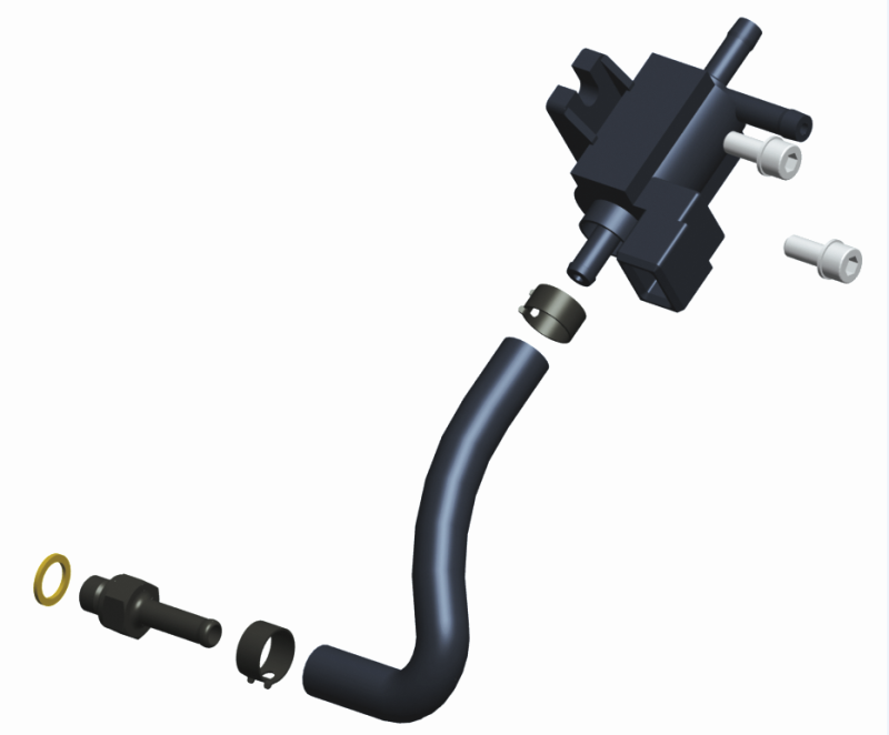 BorgWarner EFR BCSV kit, exploded view showing solenoid valve, hose, clamp, fittings and o-ring