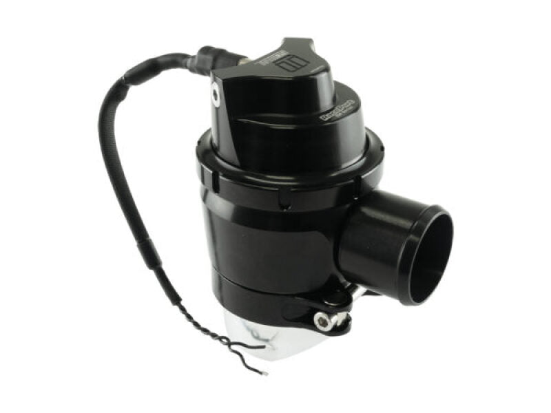 Turbosmart RacePort EM PlumBack GenV Sleeper BOV, angled view showing black valve body, hose barb outlet and wiring harness