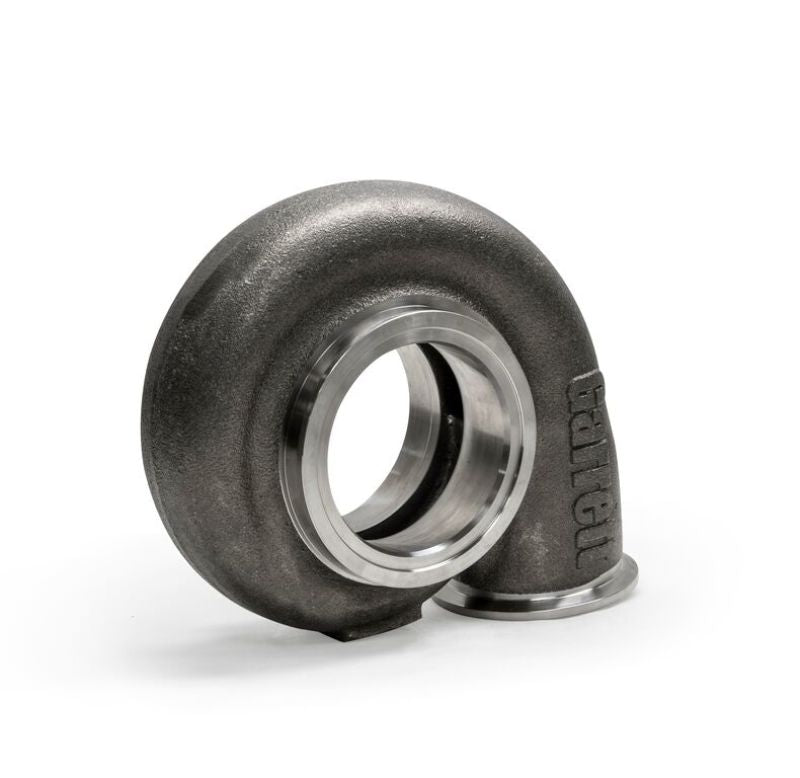 Garrett G45 turbine housing kit, 1.15 A/R, V-band inlet and outlet, angled front view showing cast finish