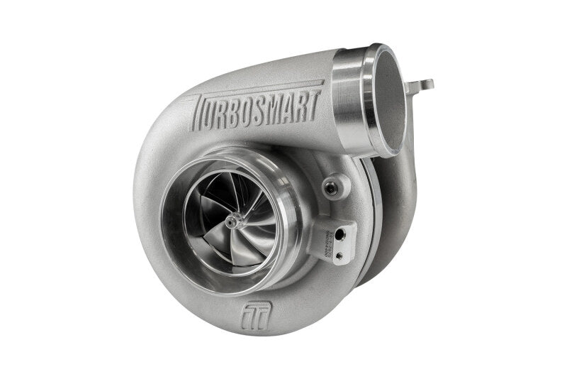Turbosmart 7675 T4 1.24AR TS-1 turbocharger, front angle view showing compressor wheel and housing