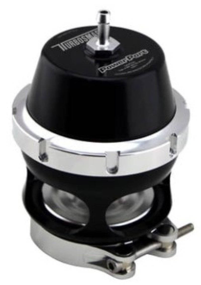 Turbosmart BOV Power Port black blow off valve, front angle showing vacuum nipple, clamp ring, hinge