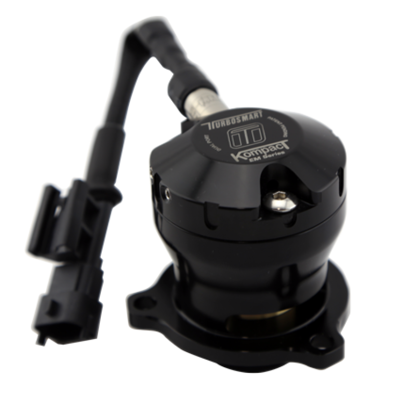 Turbosmart BOV Kompact EM dual port VR3 blow off valve, black body with electronic connector and hose fitting, angled view