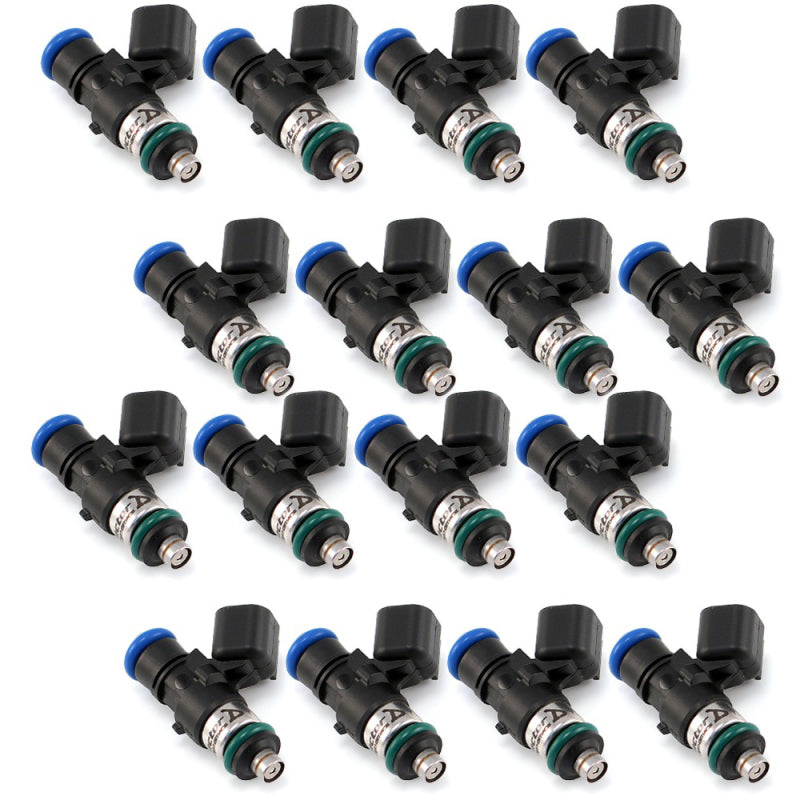 Set of 16 Injector Dynamics ID1050X fuel injectors, angled view showing blue connectors and 14mm lower O-rings