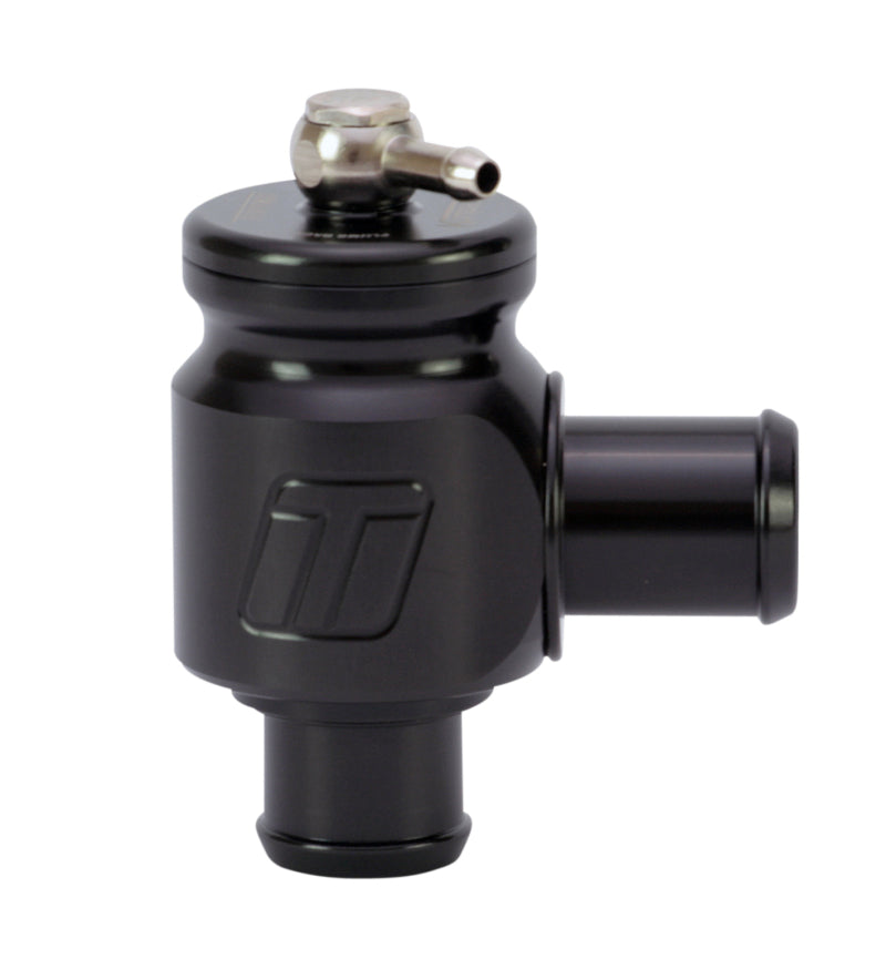 Turbosmart Kompact plumb back diverter valve, black anodized body, side ports, top barb fitting visible