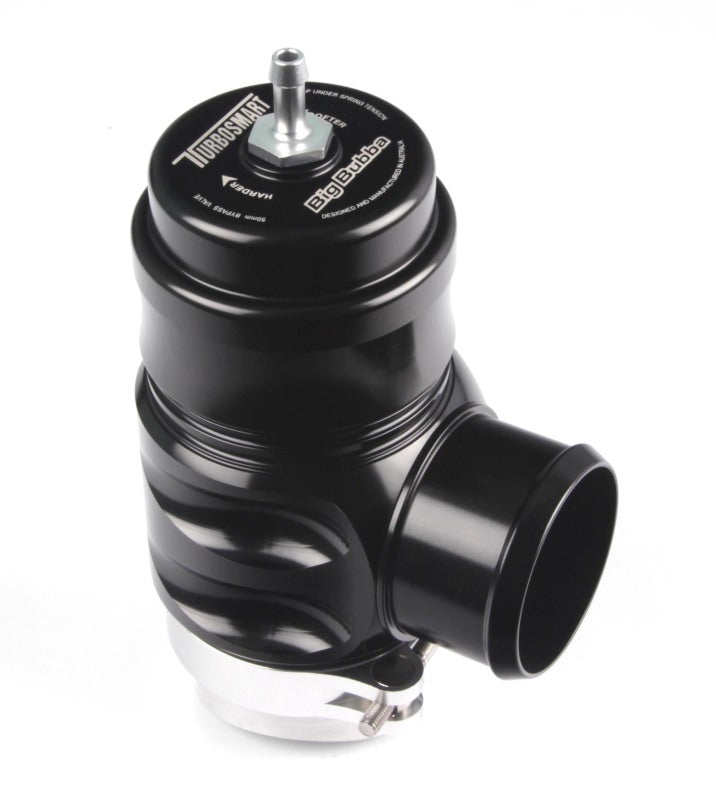 Turbosmart Big Bubba BPV Sleeper, black body, top vacuum port, side hose inlet, clamp visible