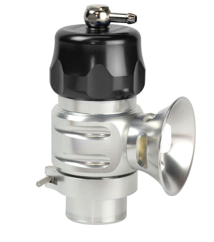 Turbosmart BOV Supersonic Uni in black, side angle showing vent trumpet, hose barb inlet and clamp