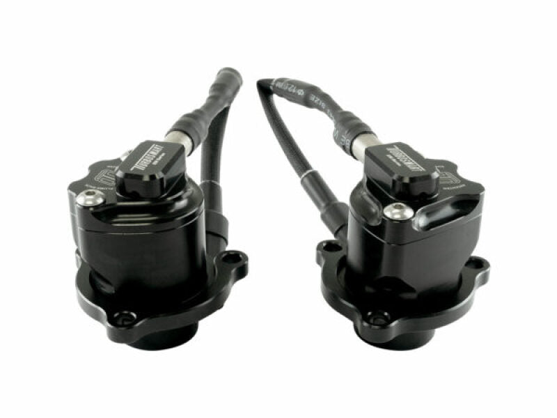 Turbosmart Kompact EM PlumBack VR29 BOV pair, front angle, black billet housings with hoses