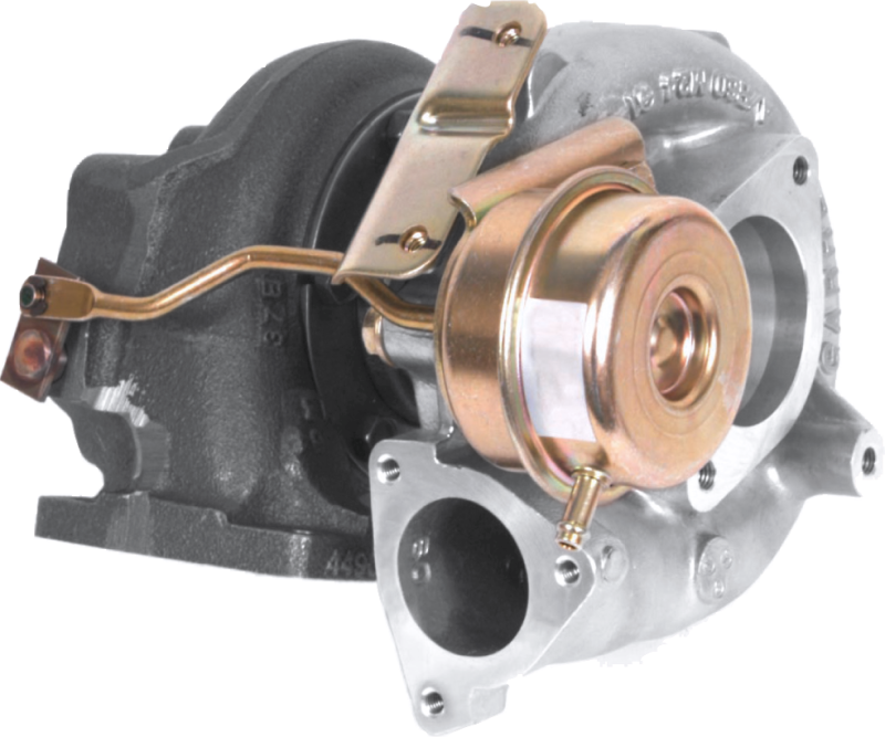 Garrett GT2560R turbocharger, side angle showing cast turbine housing, wastegate actuator, and oil fitting
