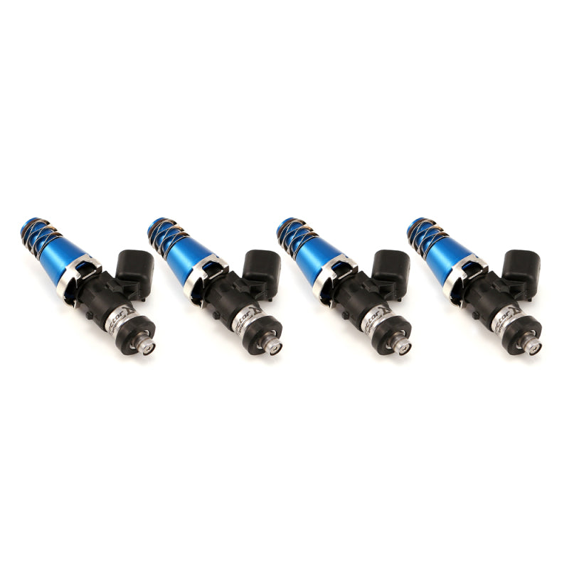 Set of four Injector Dynamics ID1050X fuel injectors, blue 11mm tops, black Denso lower connectors, angled view