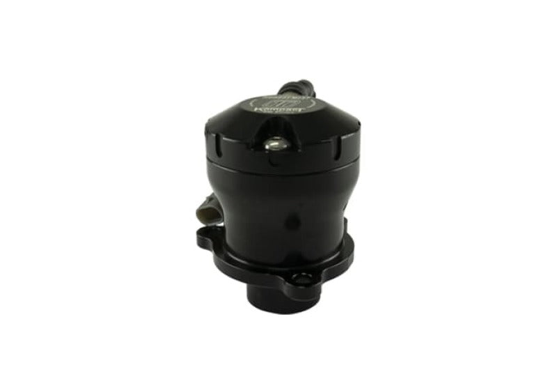 Turbosmart Kompact EM Plumb Back BOV, black anodized body, angled side view showing inlet and outlet ports