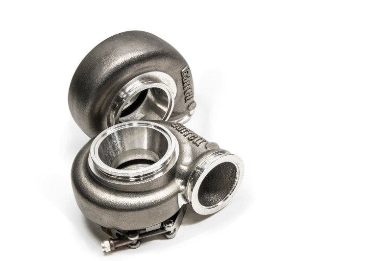 Garrett G35 turbine housing kit, 0.83 A/R, V-band inlet and outlet, reverse rotation, angled view showing cast bolt clamps