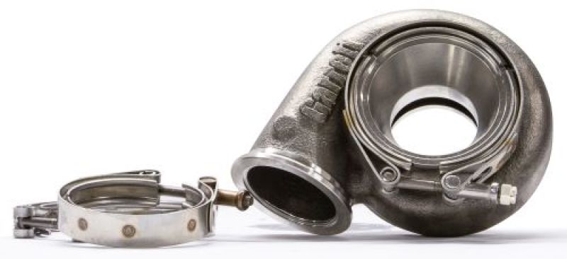 Garrett G25 turbine housing, 0.72 A/R, V band inlet and outlet, with clamp shown alongside