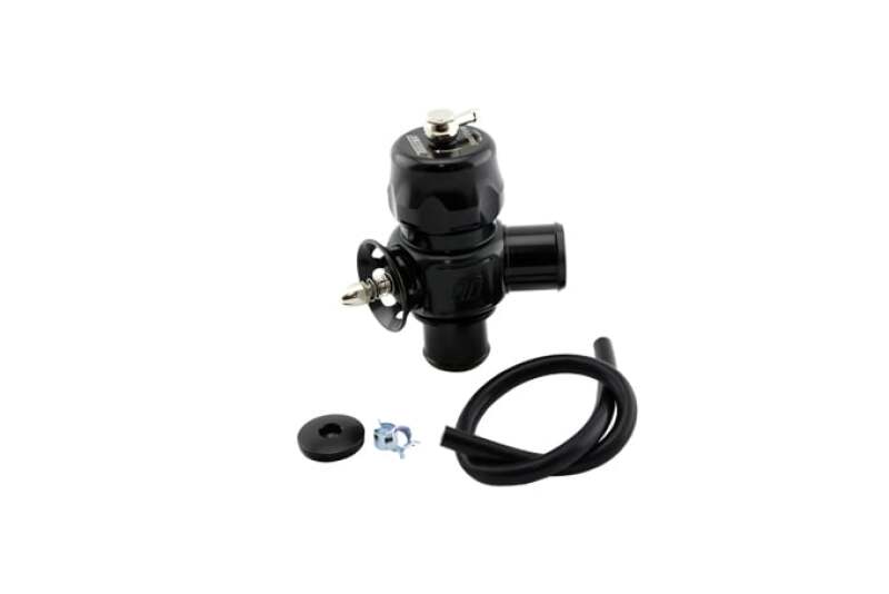 Turbosmart Smart Port dual port BOV in black, side angle view with hose, gasket and mounting hardware included.