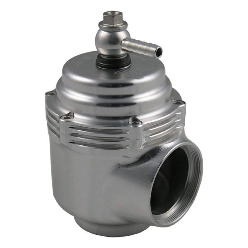 TiAL Sport QRJ BOV in silver, angled front view showing hose barb, top adjuster nut, and side inlet flange