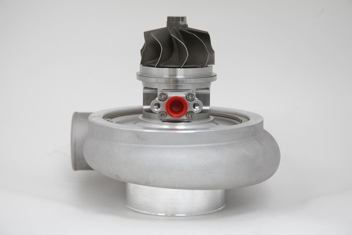 Xona Rotor 65-64 X3C turbo, front view showing compressor wheel, housing and red fitting on top