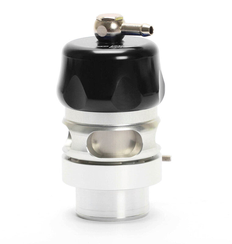 Turbosmart Vee Port Pro BOV in black, front angle showing hose barb fitting and side inlet port