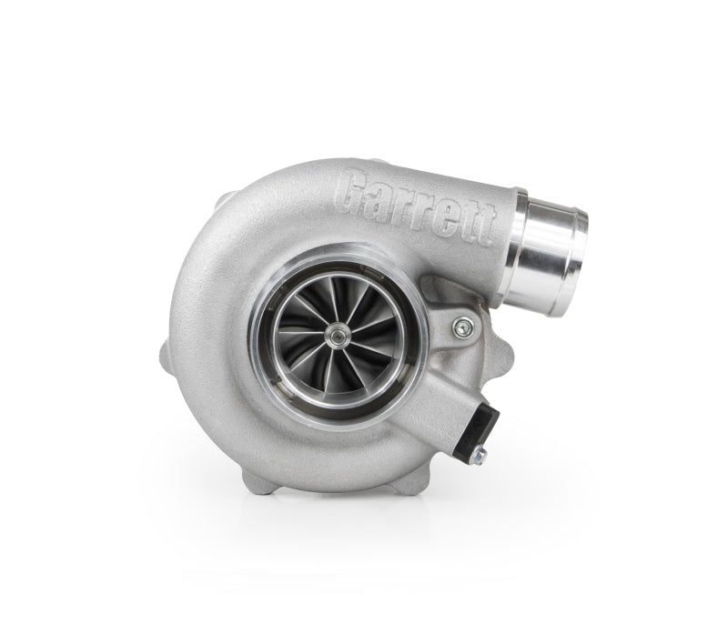Garrett G25-700 reverse rotation G-Series II supercore turbo, side angle showing compressor wheel, inlet and cast housing