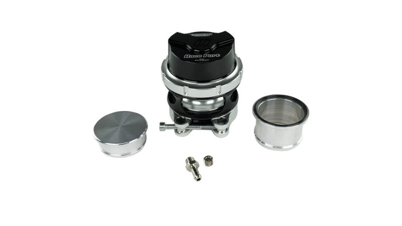 Turbosmart RacePort Gen-V blow off valve in black, shown disassembled with cap, flange, and hardware