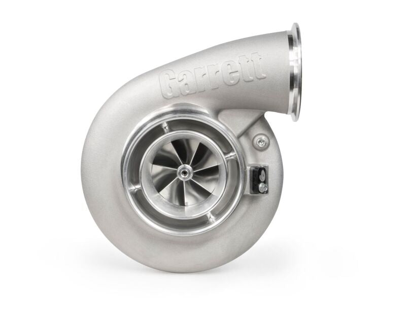 Garrett G-XRace GXR45-73 turbo, front angled view showing compressor wheel, housing and outlet flange