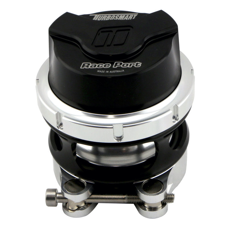Turbosmart GenV RacePort BOV in black, front view showing polished flange and mounting bolts