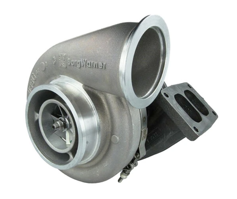 BorgWarner S1BG T26 turbocharger, side angle view showing compressor wheel, turbine housing and T4 flange