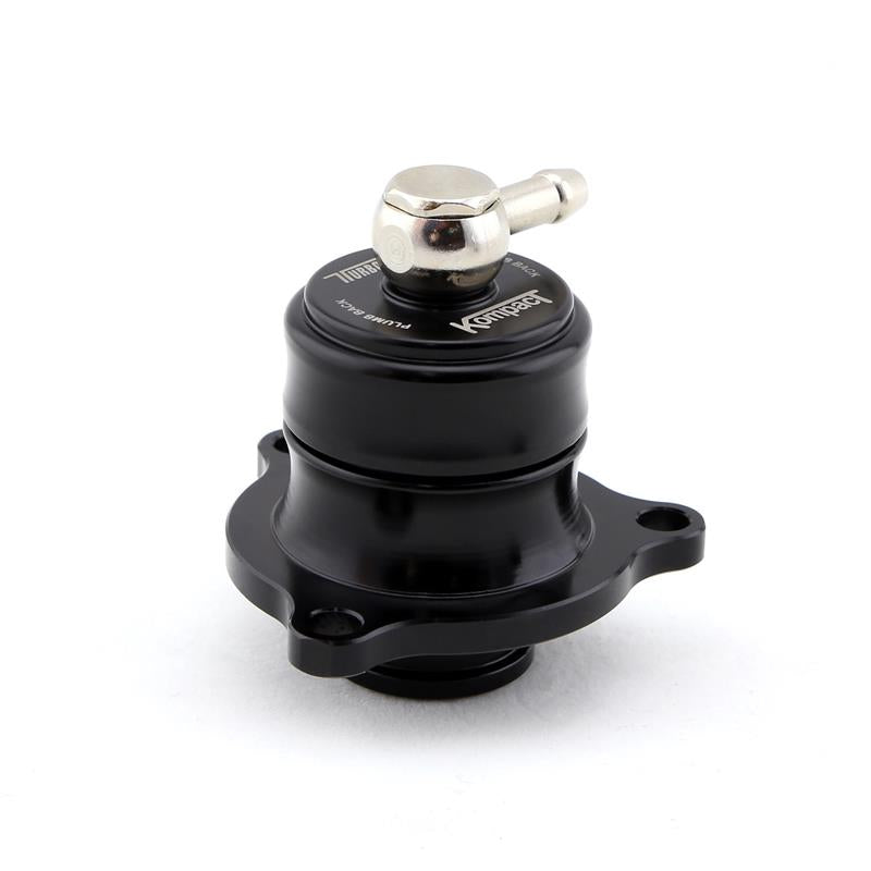 Turbosmart Kompact Shortie plumb back BOV, black anodized body with silver barb fitting, mount flange visible