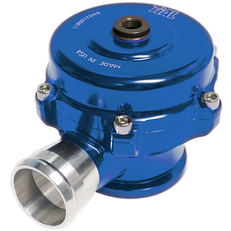 TiAL Sport QR BOV 11 PSI blue 34mm blow off valve, angled view showing top vacuum port, hose barb and mounting bolts.