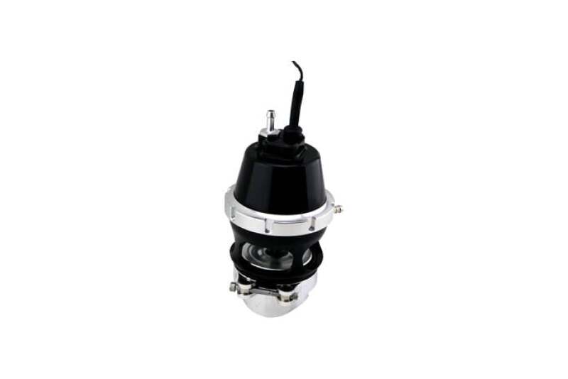 Turbosmart BOV Power Port with sensor cap, black, front angled view showing sensor wire, clamp band and base flange