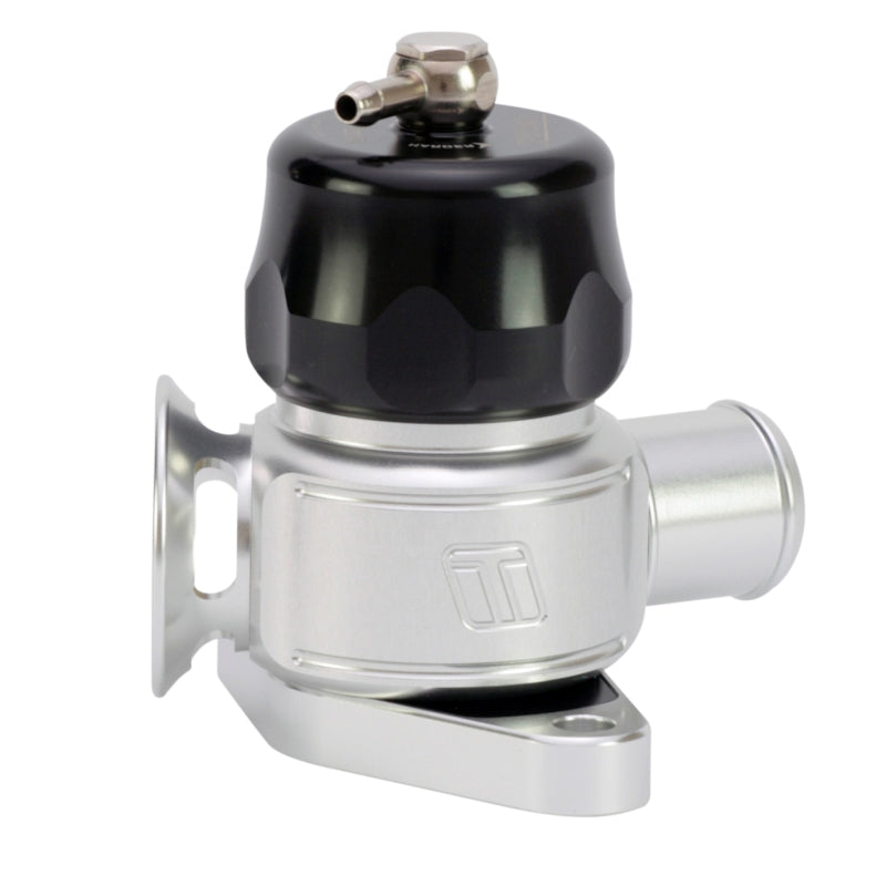 Turbosmart BOV Race Port V-Band SSBarrel, angled side view showing black cap, silver body and V-band flange
