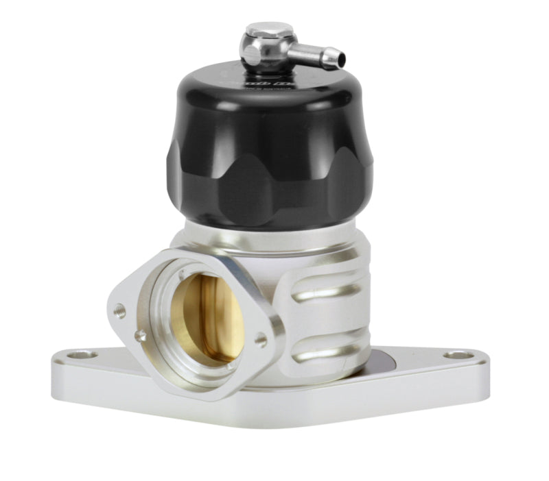 Turbosmart BOV Plumb Black Subaru, front angle view showing brass insert flange, black cap, hose fitting on top