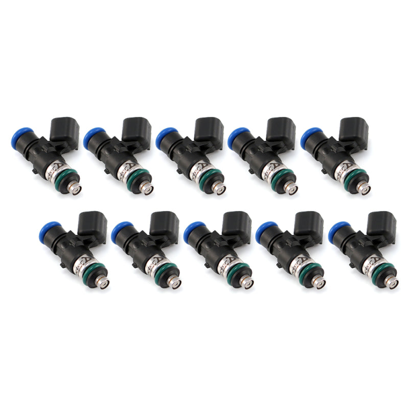 Injector Dynamics 2600-XDS fuel injectors, set of 10, angled view showing blue connectors and o-rings
