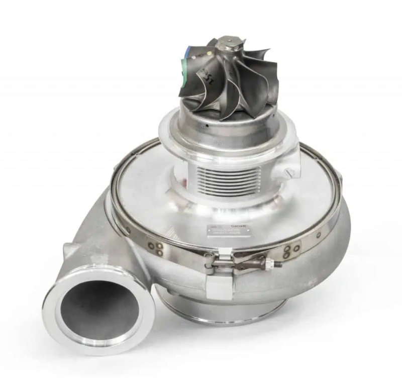 Garrett G50 turbine housing kit, 1.39 A/R T6, V-band in/out, side view showing compressor wheel and inlet flange