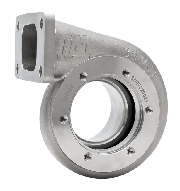 Xona Rotor XR-69S T3 .82 A/R turbine housing, angled view showing T3 flange, V-band outlet, and bolt holes